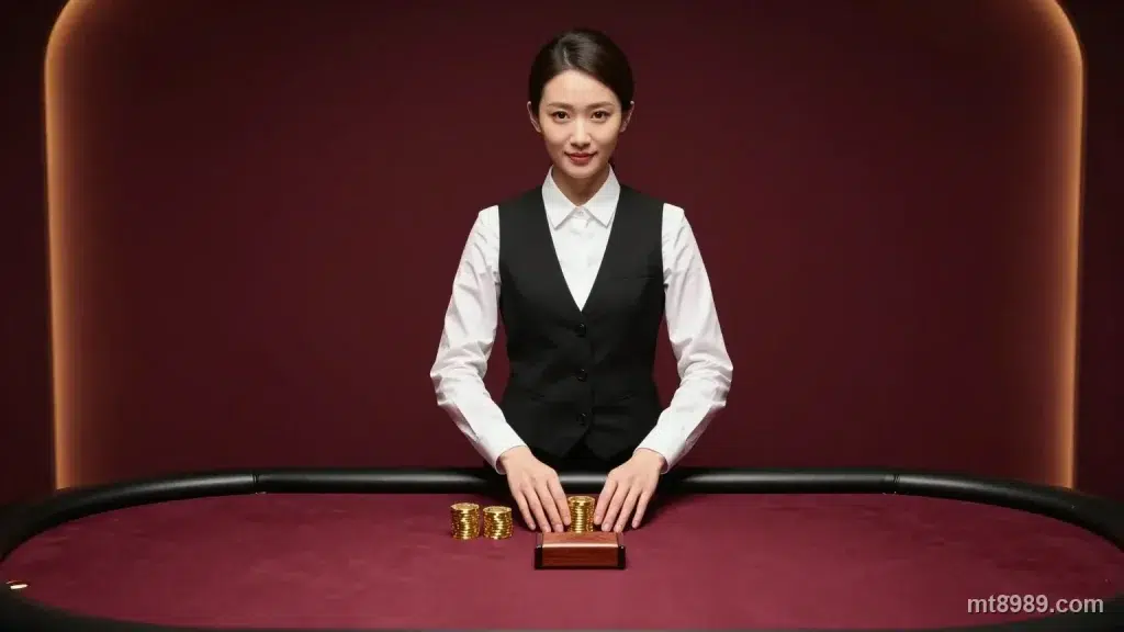 MT真人百家樂荷官站在暗紅絨布桌前，桌上有金色籌碼與牌靴
