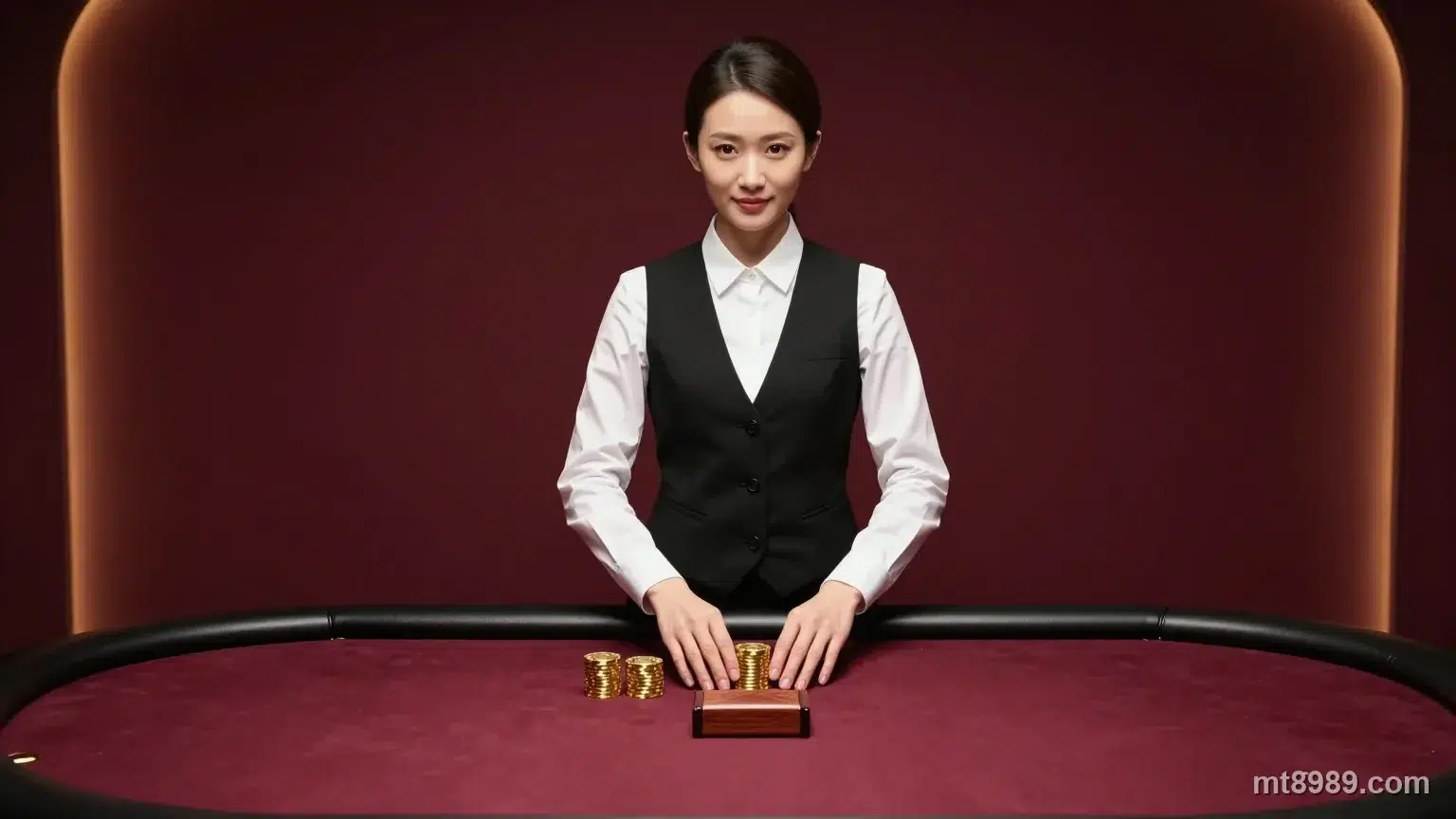 MT真人百家樂荷官與暗紅絨布桌台