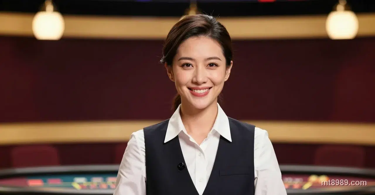 MT真人百家樂女荷官在暗紅金色直播棚中微笑