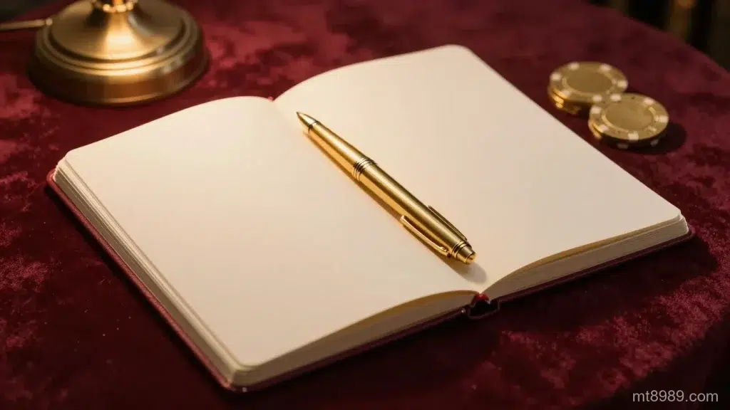 深酒紅色絨布桌上攤開一本空白筆記本,上面橫放一支金色原子筆,右側有一小疊素面金色籌碼
