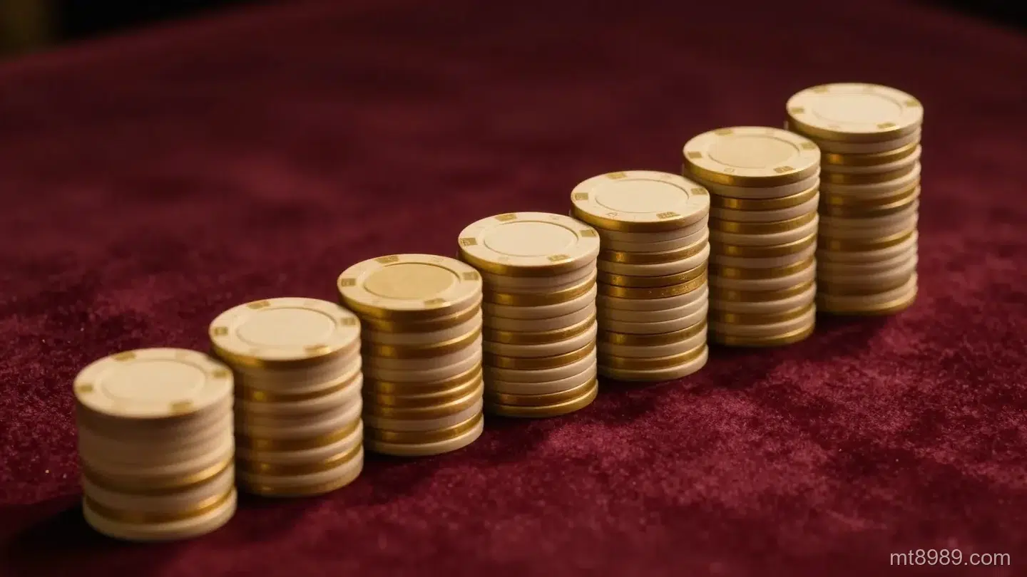 深酒紅色絨布上一排素面金色籌碼由矮到高排成階梯狀,暖金側光打出長影