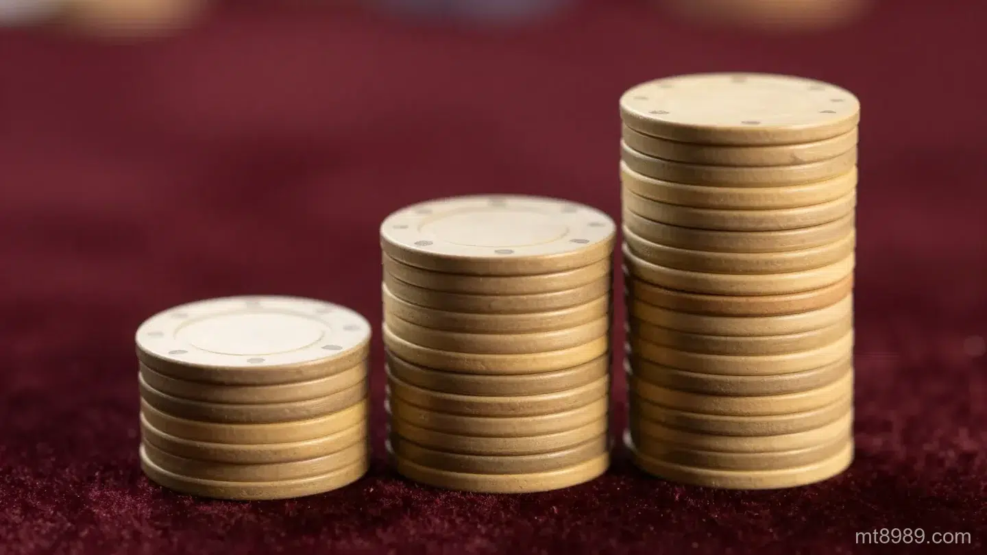 深酒紅絨布上由矮到高排成三階的素面金色籌碼堆