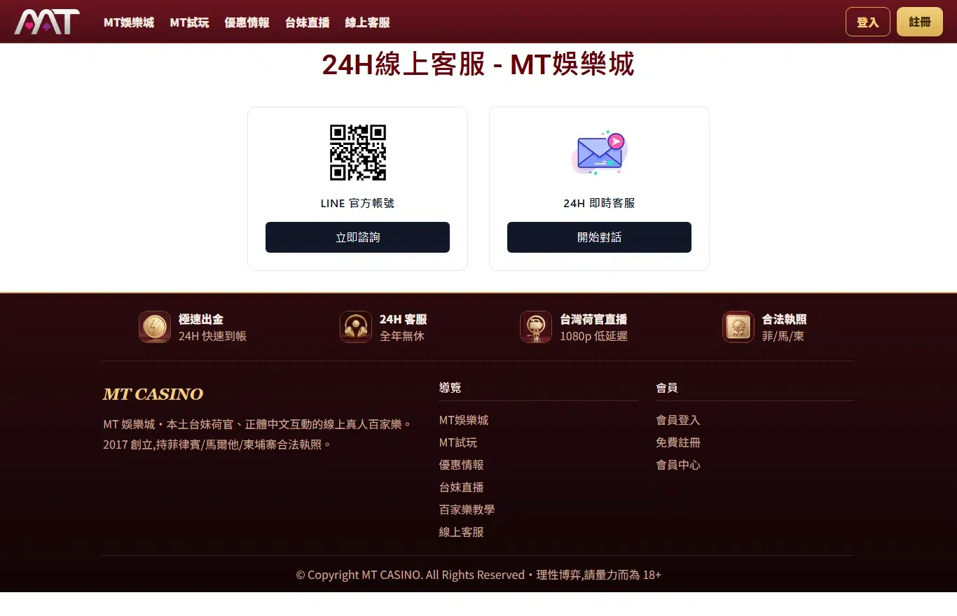 MT娛樂城線上客服頁面,提供LINE官方帳號QR碼與24小時即時客服對話兩種聯繫管道