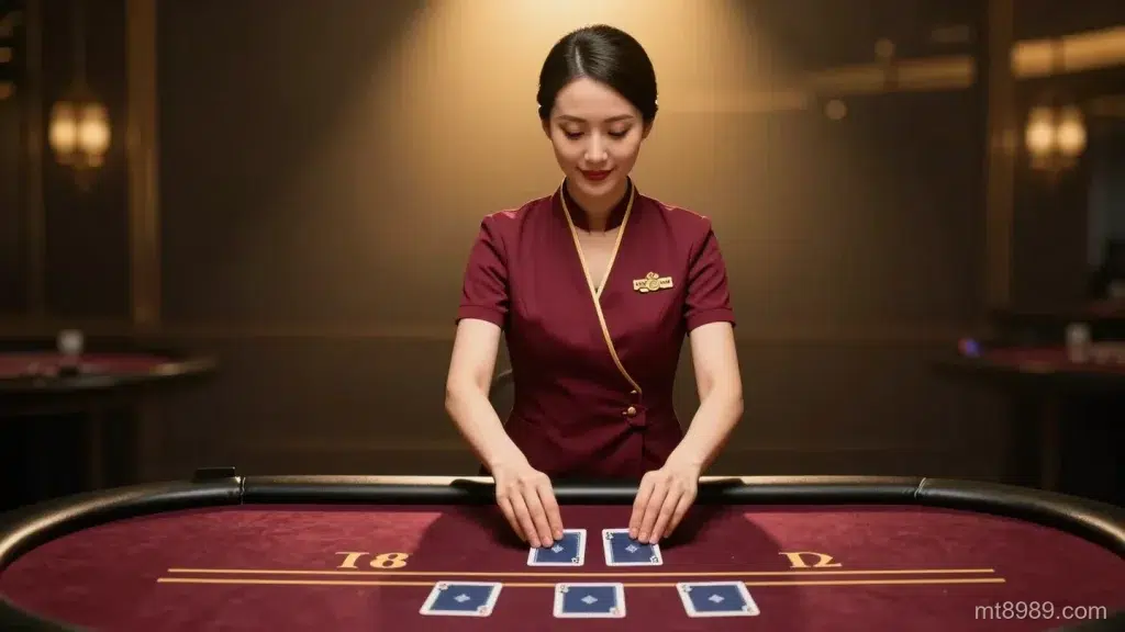 身穿酒紅色制服的女荷官在深紅絨布百家樂桌上發牌