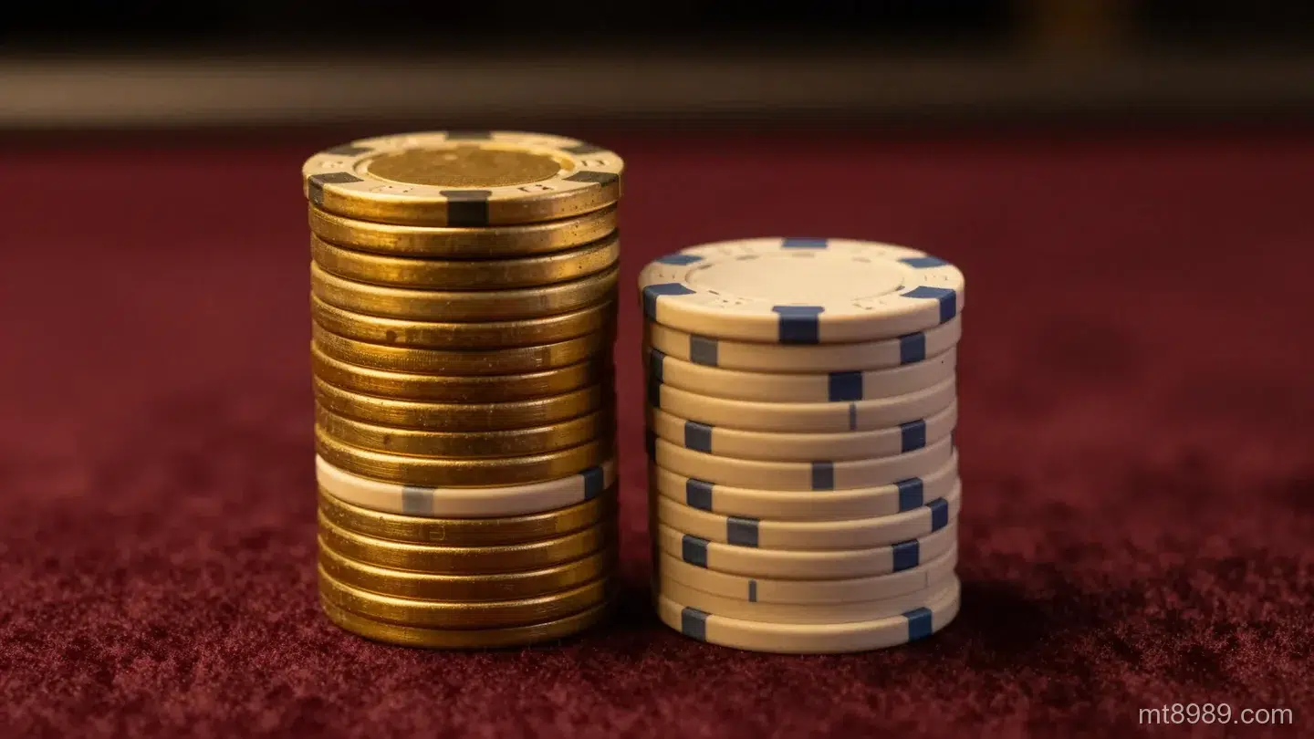 深酒紅絨布上兩疊高度明顯不同的素面金色與米色籌碼