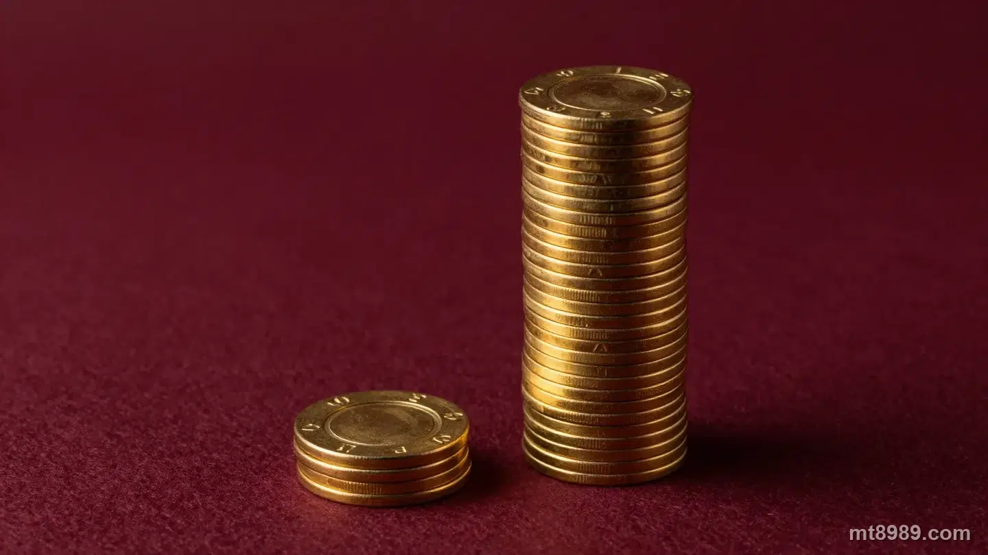 深酒紅絨布上兩疊高度懸殊的金色籌碼,左邊只有三枚、右邊高高一整疊